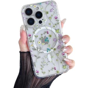 RALEAVO for iPhone 16 Pro Case Compatible with MagSafe Clear Floral Cover with Flower Branch Pattern for Girls Women Slim Cute Hard Back Shockproof Phone Case for iPhone 16 Pro,Transparent