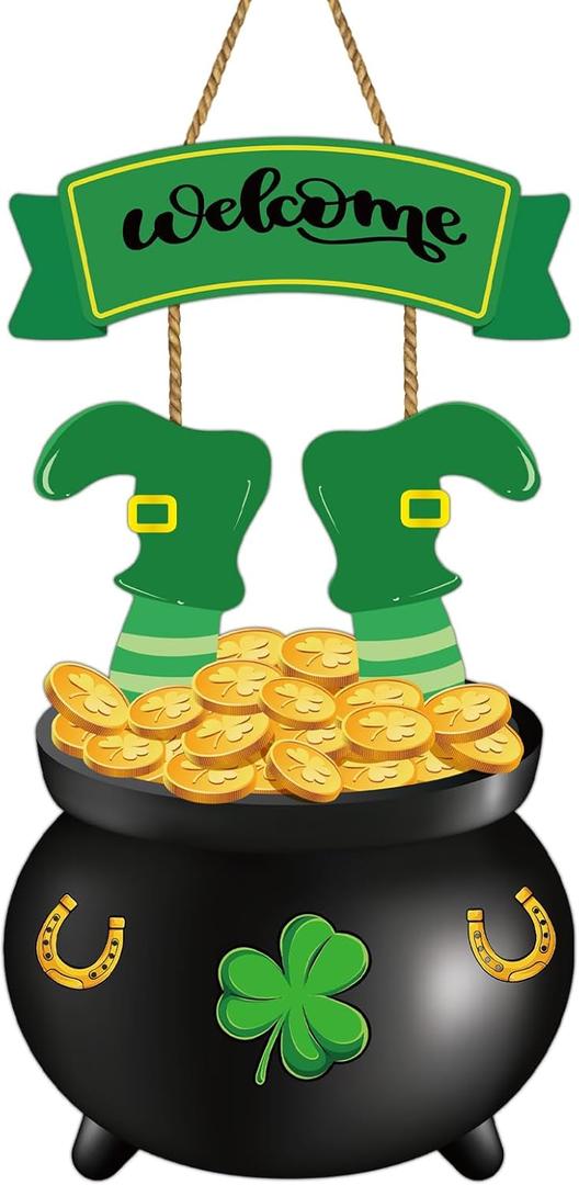 St Patricks Day Decorations St Patricks Day Wreath Door Decorations Wooden Wreaths for Front Door Hanger Gold Coin Jar Leprechaun Feet Welcome Sign Hanging Decor for Porch Wall Indoor Home Decor