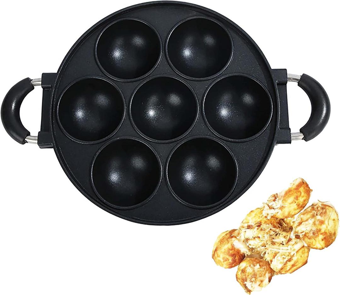 Japan large aperture takoyaki pan,cake mold baking pan,making masa (rice pancake),fry eggs,Poffertjes pan,Appam pan,Banh khot pan,Masa pan,cupcake pan,takoyaki maker,Nonstick,0.95kg(7 Hole) (Without cover)