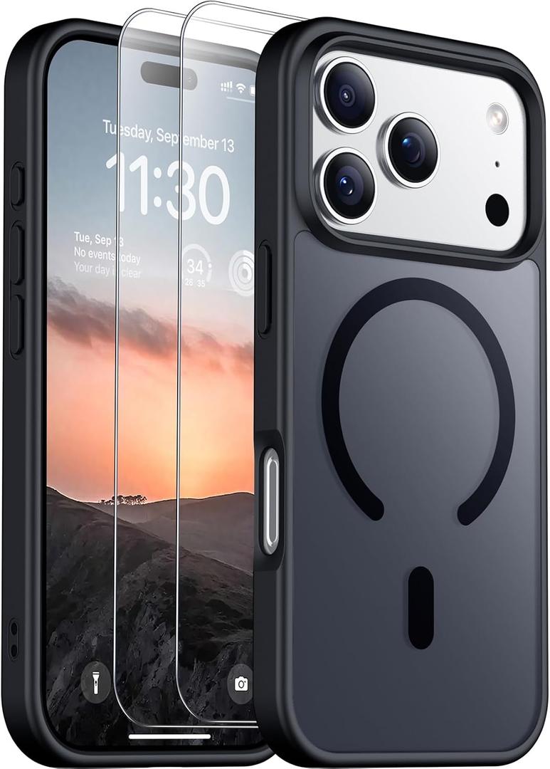 2 x SPIDERCASE for iPhone 17 Pro Max Case, Magnetic Translucent Matte Case with 2PCS Tempered Glass Screen Protector Slim Phone Case for iPhone 17 Pro Max 6.9'', Black