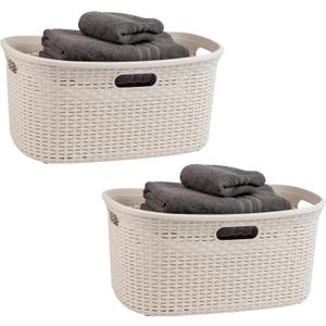 Mind Reader 40L Laundry Basket, Clothes Hamper, Wicker Design, Plastic, 23"L x 14.5"W x 11"H, Set of 2, Ivory