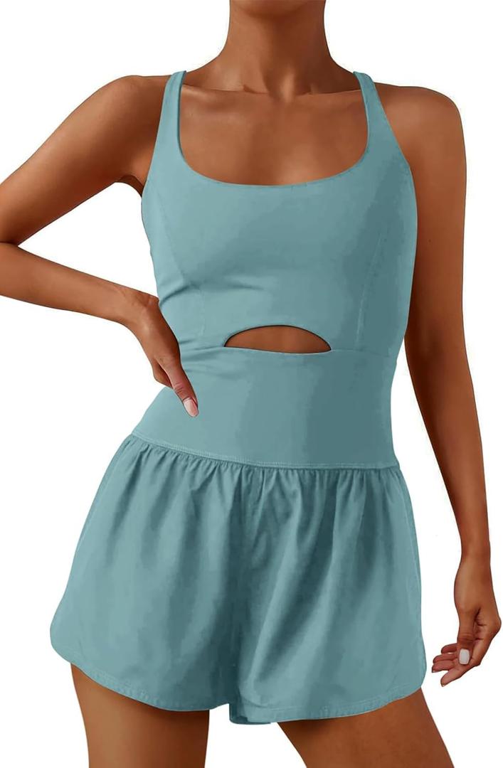 ReachMe Womens Running Onesie Workout Rompers Athletic Romper One Piece Outfits Exercise Jumpsuits Gym Yoga Clothes, Small, Sage