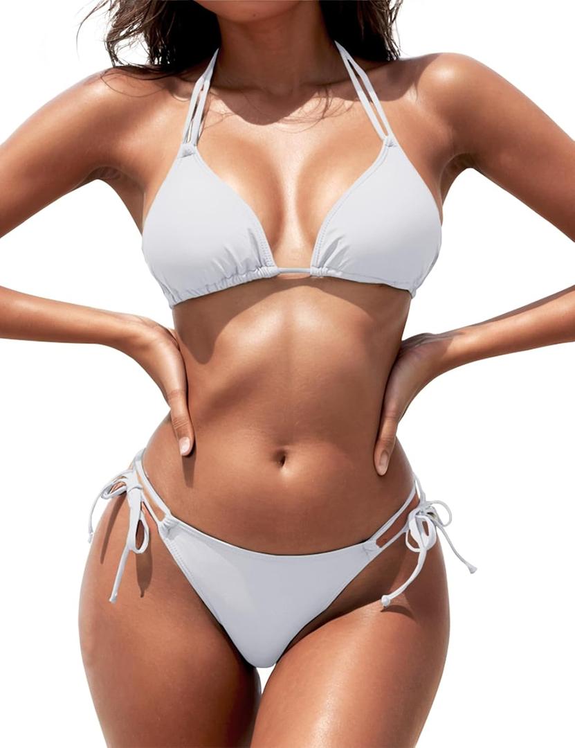 Zuvebamyo Women's Triangle Bikini Sets Two Piece Double Straps Halter Swimsuit Tie Side String Cheeky Bathing Suits (Medium, White)
