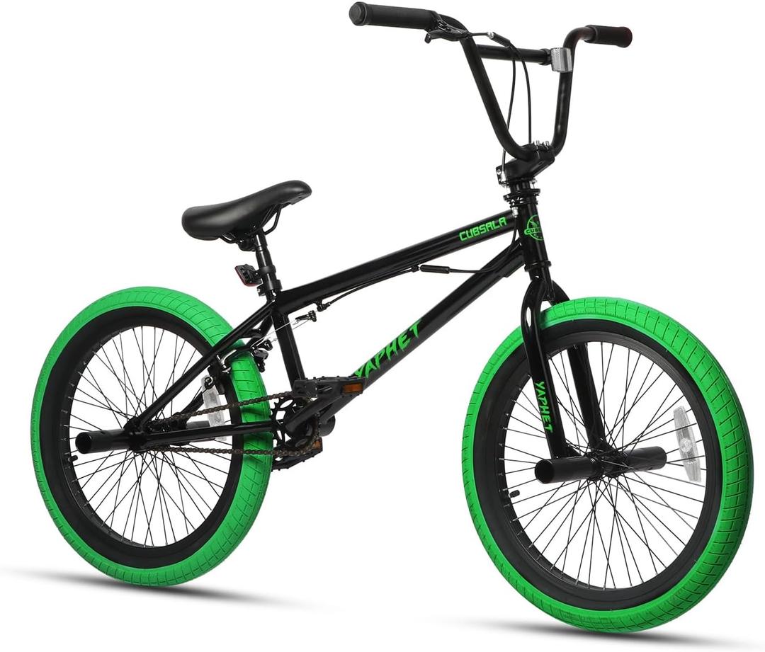 cubsala Freestyle BMX Bike, 20 Inch Yaphet Bicycle for Teen Beginner Adult Riders, Bike with 360° Rotating Handlebar and 4 pegs, Black with Green Tires