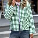 Women's Green Checkered Button Front Jacket - Loose Fit Long Sleeve Casual Outerwear (Green, XX-Large)
