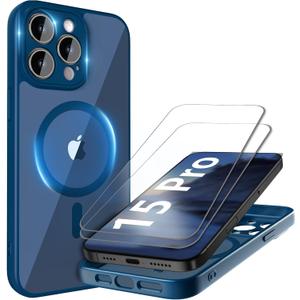 Cufelf Magnetic for iPhone 15 Pro Case(Compatible with Magsafe) Full Camera Protection,2+Full Coverage Screen Protector,Translucent Matte,Military Drop Protection Phone Case,6.1",Blue