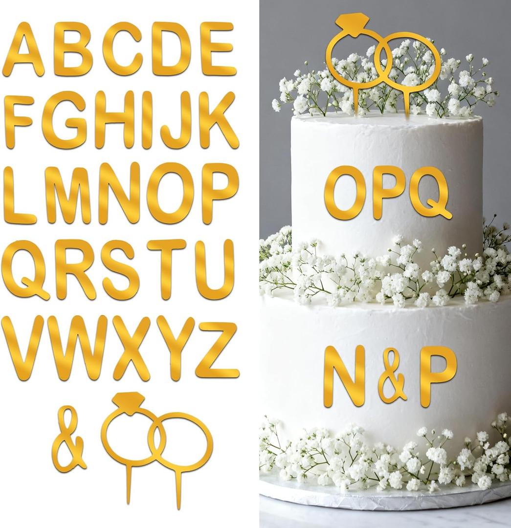 28 Pcs Wedding Cake Topper, Gold Cake Letters Topper DIY Custom Cake Toppers with Diamond Ring and 26 Acrylic Letters Personalized Bride Groom Initial Sign for Anniversary Baby Shower Birthday, 2.36 inches x 4.33 inches
