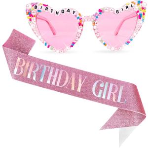 Birthday Girl Sash & Glasses Set, Pink Birthday Sash & Sunglasses, 'BIRTHDAY GIRL' Accessories for Women Girls