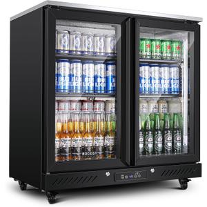 BODEGACOOLER Back Bar Cooler with 2 Glass Doors,7.7 Cu.ft Commercial Back Bar Beverage Refrigerator Counter Height,LED Lighting for Soda Drinks,Beer,Wine Stainless Steel Top,DOE Approved,4 Casters