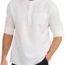 Snullo Mens Henley Shirts Button Down Long Sleeve Dress Shirt Business Work Office Shirt Summer Beach Cocktail T-Shirts with Pocket White (White, L)