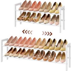 FAVOOSTY 2-Tier Expandable Shoe Rack, Adjustable Shoe Shelf Storage Organizer Space Saving Metal Free Standing Shoe Rack for Entryway Closet Doorway, White