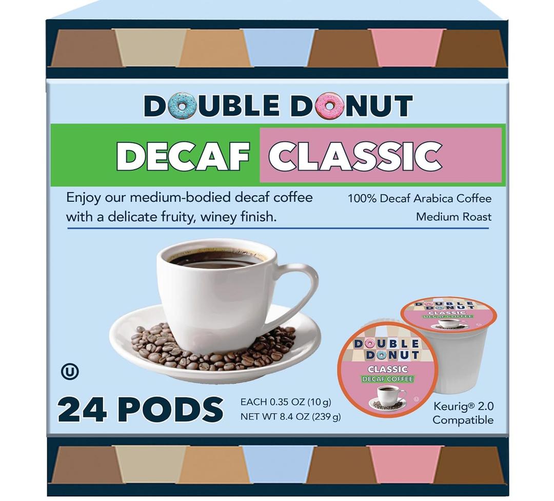 Double Donut Medium Roast Decaf Coffee Pods, Classic, for Keurig K-Cup Machines, 24 Single-Serve Capsules per Box, Best By: 10/28/2026