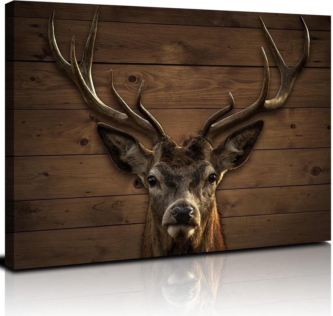 Rustic Deer Wall Art for Living Room Deer Pictures Wall Decor Farmhouse Wildlife Animal Painting Elk Portrait Canvas Prints Wood Grain Country Cabin Decor for Bedroom Office Home Decoration 24x36"