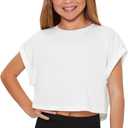 COZYEASE Girls' Solid Roll Up Sleeve Crop Tee Casual Round Neck Summer T Shirts