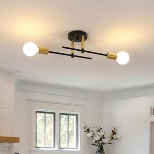 Sputnik Light Fixture, 2 Lights Industrial Black Modern Sputnik Chandelier Semi Flush Mount Ceiling Light Fixture for Bedroom, Dining Room, Bathroom, Hallway, Living Room (2-Lights Black&Gold)