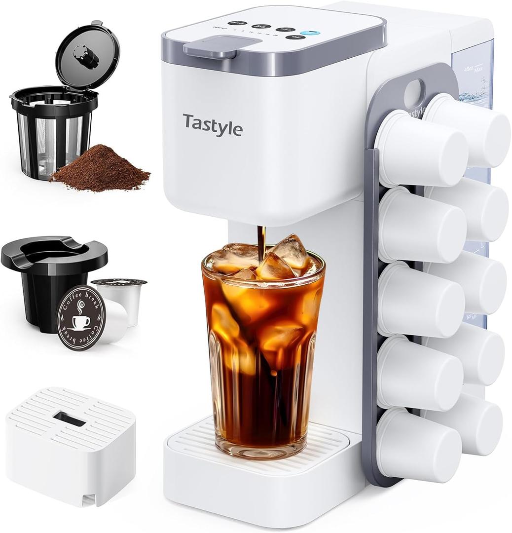 Tastyle Hot & Iced Coffee Maker with Magnetic K-Pod Organizer (Pods Not Included), Stores 10 Pods, 4-5 Cups Coffee Maker & Single-serve Brewer for K Cup & Grounds, 40oz Removable Water Tank, White