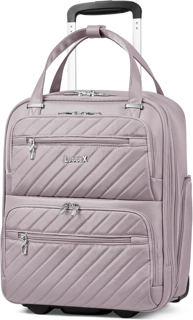 LUGGEX Underseat Carry On Luggage with Wheels, UDK Stylish Lightweight Under Seat Luggage, Soft Sided Personal Item Suitcase for Short Trip (UX-Core, Grey Pink, 16 Inch)