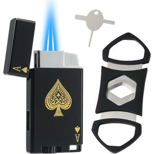 Lighter and Cutter Set, Adjustable Double Jet Flame Butane Torch Lighter with Protect Cover, Refillable Windproof Lighter with Keyhole, Gifts for Men, Black(Sold Without Gas)