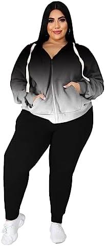 YeGine Womens Plus Size Two Piece Outfits Sweatsuits Casual Long Sleeve Set With Pockets Black Gradient 2XL
