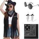 FunMular Western Outfit for Women Cowgirl Outfit Costume Accessories Cowboy Hat Fringe Vest Earring Bandana for Halloween (Large, Black)