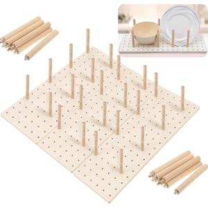 3 Pcs Wood Pegboard Drawer Organizer with 24 Pegs Wooden Peg Board Drawer Shelf Organizer Adjustable Peg System for Dishes Plate Pot Container Cookware Utensil Kitchen(17.72 x 5.91 in)