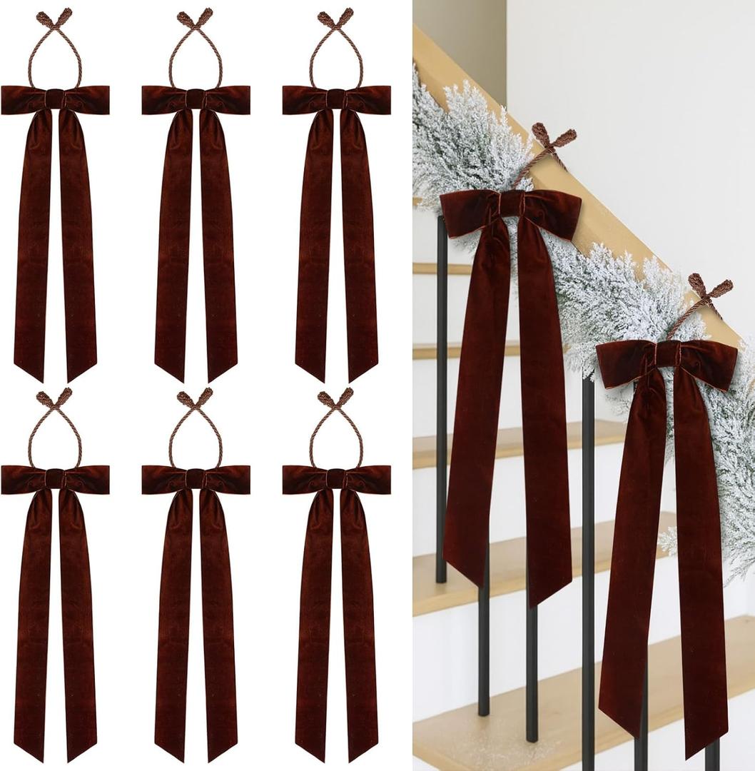 Riceshoot 6 Pcs 23.5 Inch Christmas Garland Ties with Large Velvet Christmas Bows Rustic Reusable Twist Tie Bows Staircase Wreath Bow for Hanging Garland Xmas Light Banisters Decor(Brown)