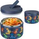 Pawtong 12oz Insulated Vacuum Food Jar with Buckle Lid Wide Mouth Soup Thermo for Hot Food Kids Leakproof Stainless Steel Lunch Container (Blue-Dinosaur)