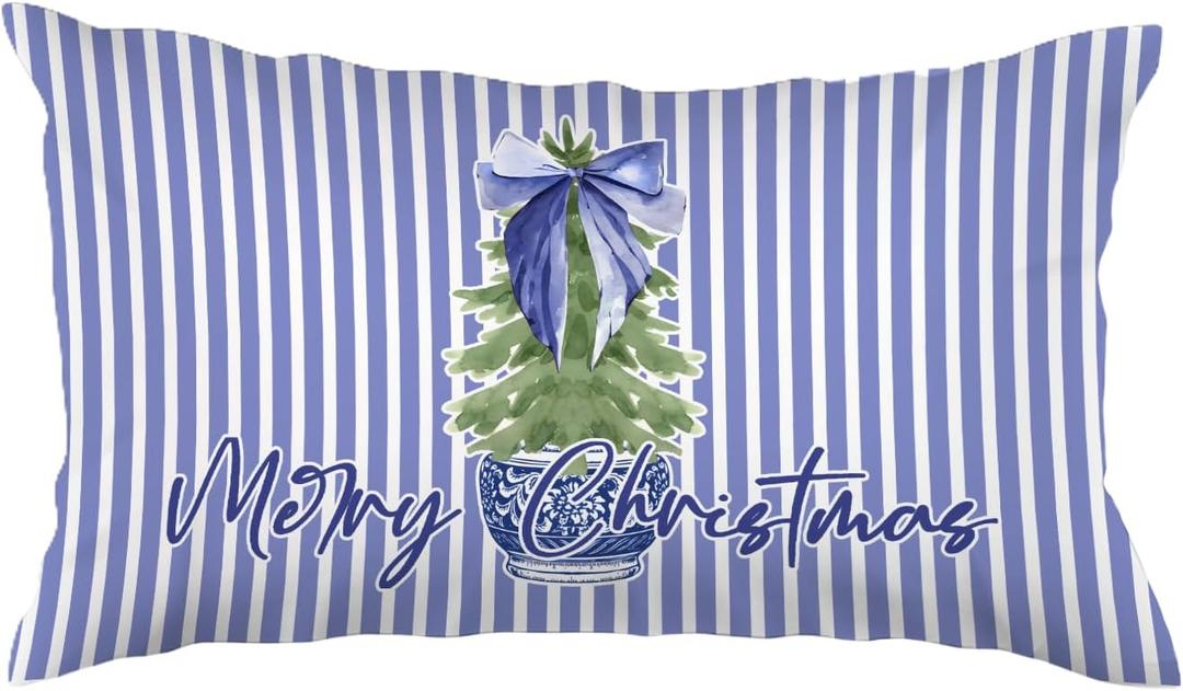 SPBL&L Blue Chinoiserie Christmas 12x20 Pillow Cover, Grandmillennial Christmas Decor, Coquette Preppy Blue Bow Xmas Tree Striped Lumbar Pillow Covers Cases Decorative for Home Bedroom Living Room