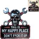 This Is My Happy Place Don't F*ck It Up Sign, Funny Skull & Crossed Wrenches Metal Wall Sign, Hanging Wall Decor for Man Cave, Mechanic Shop