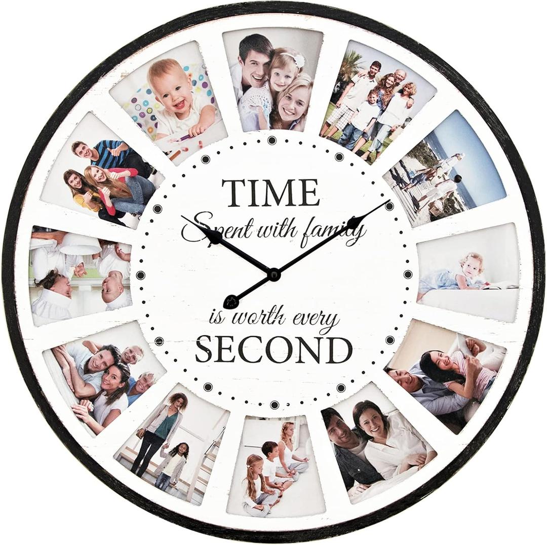 12 Photo Collage Family Wood Wall Clock, Rustic Farmhouse Wall Clock, Large Oversized Wall Clocks for Home, Kitchen, Living Room, Silent Battery Powered 24 Inch White