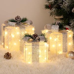 Set of 3 Christmas Lighted Gift Boxes with Plug, Indoor Outdoor Christmas Decorations with 60 LED Warm White Mini String Lights, Present Boxes with Silver Tinsel for Xmas Tree Porch Decor