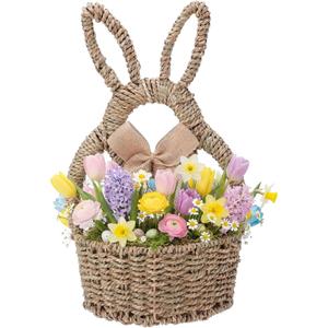 Reallnaive 16 x 9.4 x 3.9 Inch Easter Bunny Basket Hand Woven Wicker Rabbit Wreath Basket Hanging Wall Pocket Spring Wreath Decor with White Floral for Front Door Hanging Decoration