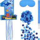JolliLudo Ocean Themed 16 Inch Number 1 Piñata Set with Bat Blindfold Confetti, Blue Under The Sea Number 1 Piñata Birthday Party Decorations Hawaii Beach 1st Anniversary Celebration Supplies