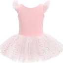Kid Girls Classic Ruffle Sleeve Ballet Skirted Leotard Shiny Dance Tutu Dresses Ballerina Costume (Pink)