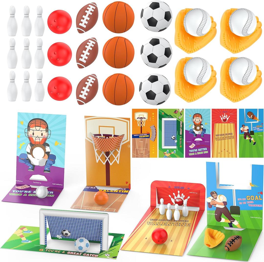 Feltom 30 PCS Valentines Day Gifts for Kids, Valentine Day Cards with Mini Sports Ball Erasers, Kids Valentine`s Day Gifts for School Classroom, Party Favor for Boys & Girls
