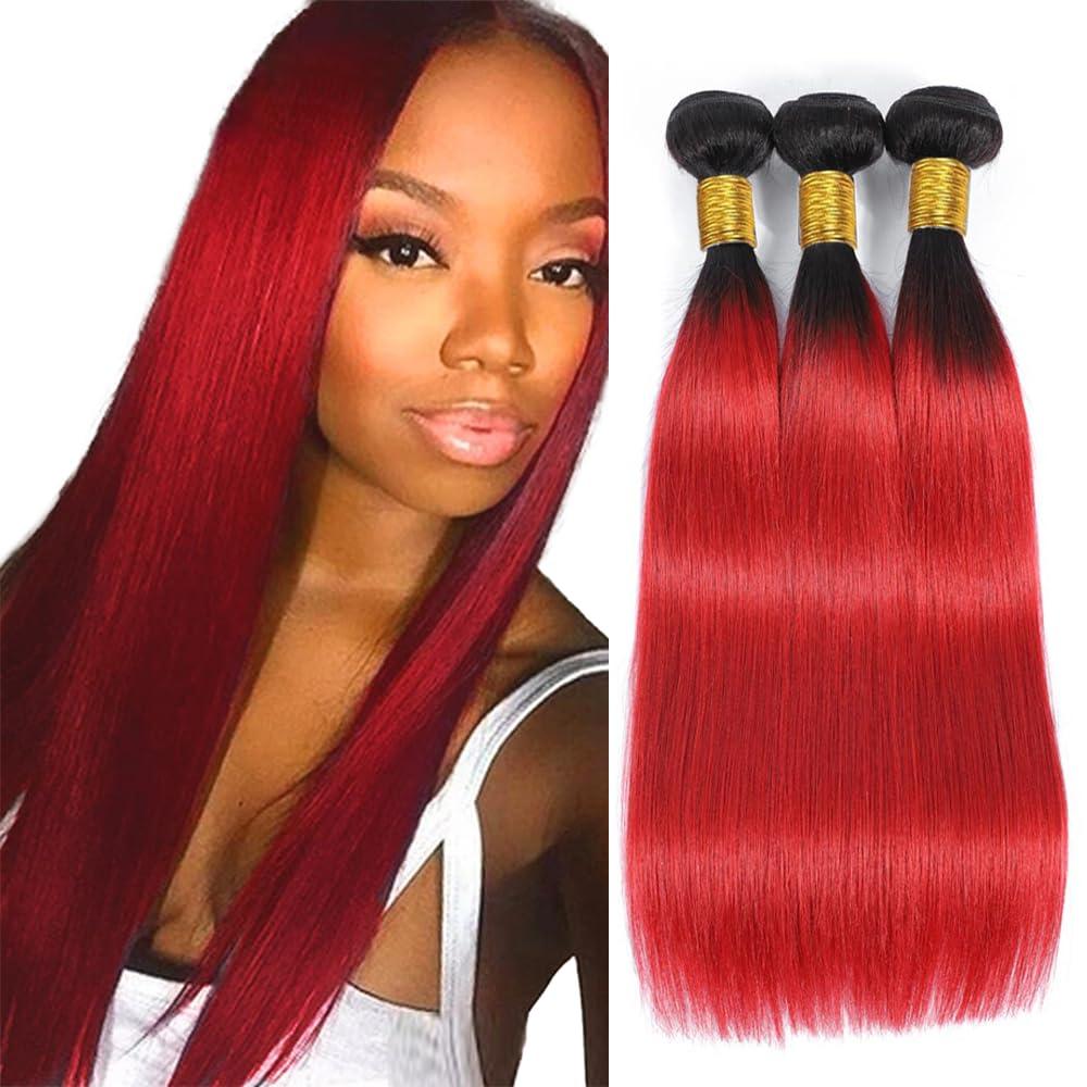 1B/Red Human Hair Bundles Ombre Straight Human Hair Bundles 16 18 20 inch Double Weft Brazilian Virgin Remy Hair Extensions Soft and Silky For Black Women