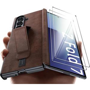 Vizvera for Galaxy Z Fold 7 Case Luxury Leather with Screen Protector 2 Pack, [Hinge Protection] Shockproof Leather Phone Case for Galaxy ZFold 7(Retro Brown)