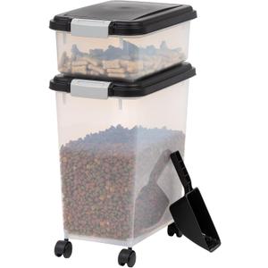 IRIS USA Dog Food Storage Container, 30 lbs & 11 lbs Combo, Cat Food Storage Container, Dog Treat Container, Airtight, Stackable, 2-Cup Scoop, Wheels, Easy Mobility, Black