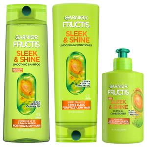 Garnier Fructis Sleek & Shine Shampoo, Conditioner + Leave-In Conditioer Set for Frizzy, Dry Hair, Plant Keratin + Argan Oil (3 Items), 1 Kit 