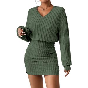 Women's Pullover Sweater Dress Long Lantern Sleeve Turtle Neck Cute Ribbed Knit Bodycon Mini Short Dress 2025 Fall.M