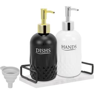 HarJue Glass Soap Dispenser Set, Refillable Dish Soap Pump Dispenser, Kitchen Bathroom Counter Shampoo Conditioner Dispenser (with Marble Tray)