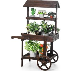 Hanaive Flower Cart Display Stand with Wheels for Bridal Shower Baby Shower Party Large Country Market Vintage Wooden 3 Tier Cart for Display Flower Candy Party Crafted Items (Carbonized Color)