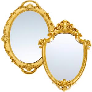 2 Pcs Vintage Gold Mirror Set Including 14.5 x 9.8 Inch Oval Decorative Jewelry Tray 16.3 x 11.2 Inch Antique Wall Mirror Gold Shield Shape Victorian Decor for Bedroom Bathroom Wedding