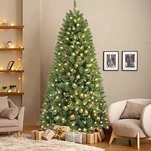 6ft Pre Lit Christmas Tree with 250 Warm White LED Lights, 8 Adjustable Lighting Modes, 785 Branch Tips, Foldable Metal Stand, Artificial Christmas Trees for Home Party Store Decoration