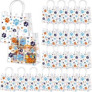 Abbylike 24 Pcs Dog Paw Clear PVC Gift Bag with Handles Party Favor Bag Candy Gift Treat Bags for Sports Theme Party Decorations Game Celebration Supplies Birthday Decorations