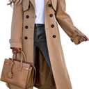 Fisoew Women's Double Breasted Long Trench Coat Windproof Classic Lapel Belted Overcoat with Pockets (Medium, Khaki)