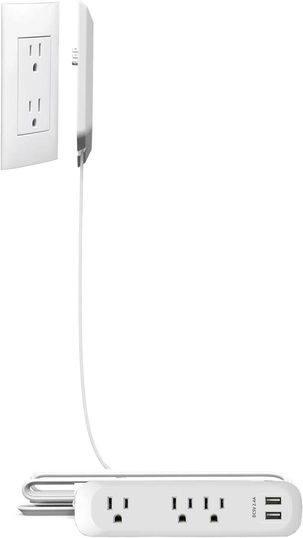 Flat-Face Outlet Extender with 3 Receptacles, Ultra-Thin Wall Plate Plug with Cord Extender and 3 Outlets Power Strip with USB Ports, Flat Extension Cord 3 ft, Surge Protector 300J