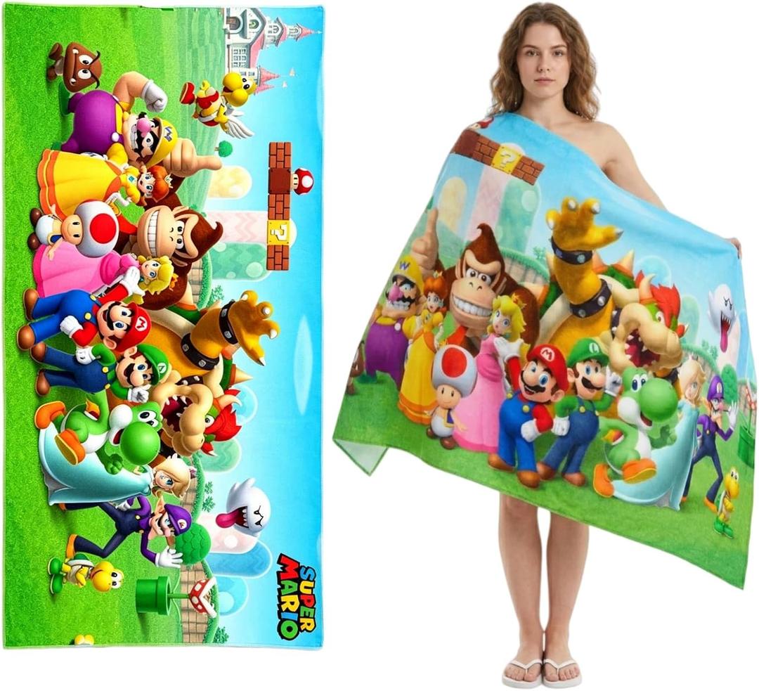 Mario Beach Towel 30"x60", Soft Absorbent Bath Towel, Cartoon Mario Pool Towel for Beach and Bathroom