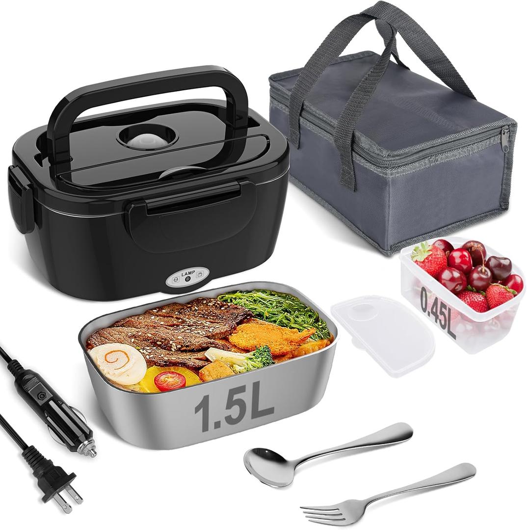 Vabaso Electric Lunch Box for Adults, 80W Heated LunchBox Portable Food Warmer Lunch Box for Work/Men/Car/Truck with 1.5L 304 Stainless Steel Container Fork & Spoon, 110V/12V/24V (Black)