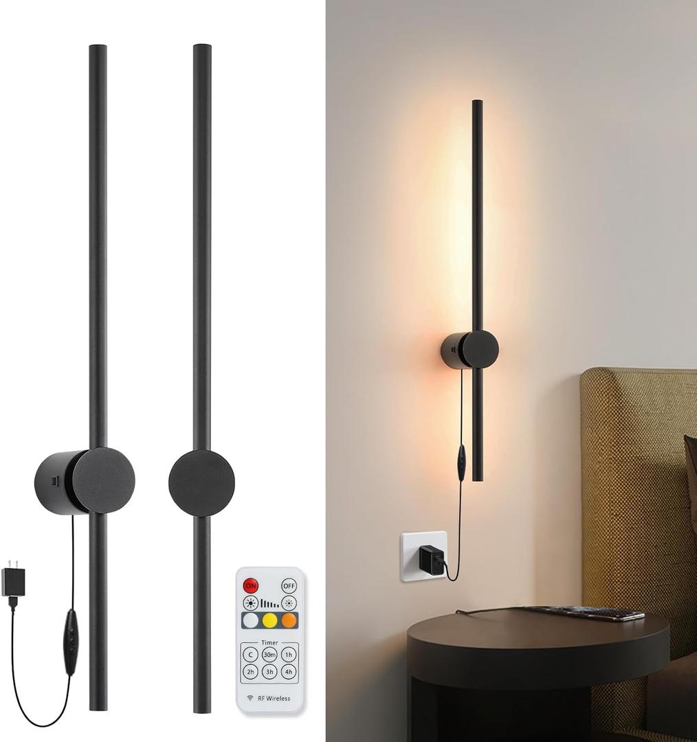 Wall Sconces Set of Two with Remote, Stepless Colors 3000K-6500K & Stepless Dimming, USB Power Supply Plug-in, 360 Rotate, LED Matte Black Wall Sconces with Timer & Night Light 23.6 Inches